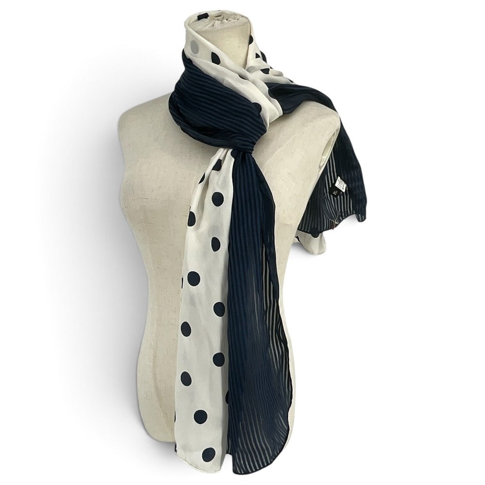 Shanghai Museum Art Company 100% Silk Scarf Polka Dot Stripe Handmade Navy Cream